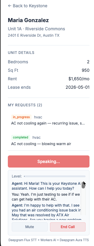 Maria Gonzalez tenant portal screenshot with live voice call transcript