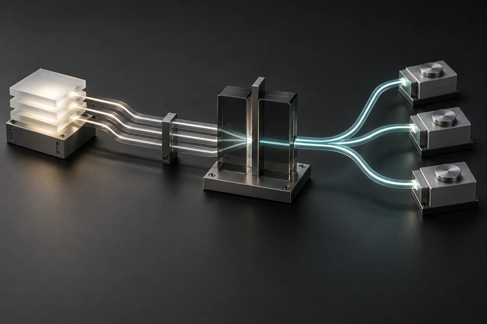 Physical routing study: light travels from source plates through a central review gate to connected outputs.