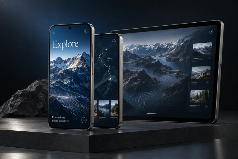 A product concept showing a mountain exploration app across phones and a tablet.