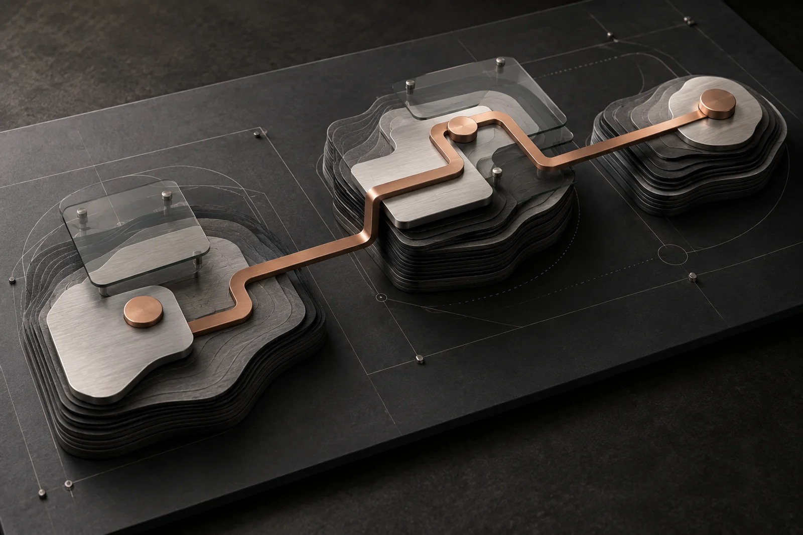 Layered graphite and metal systems model with one copper path connecting its platforms.